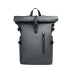 Grey water-resistant roll-top laptop backpack front view
