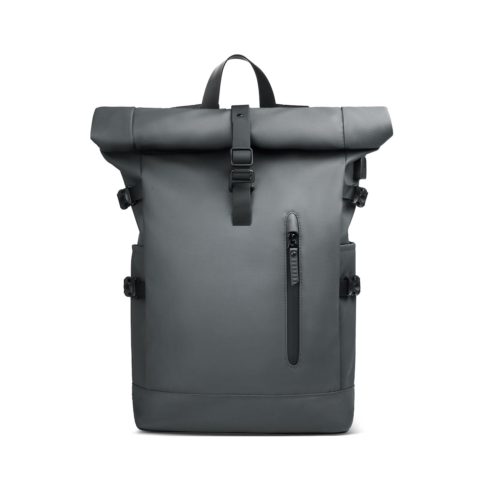 Grey water-resistant roll-top laptop backpack front view