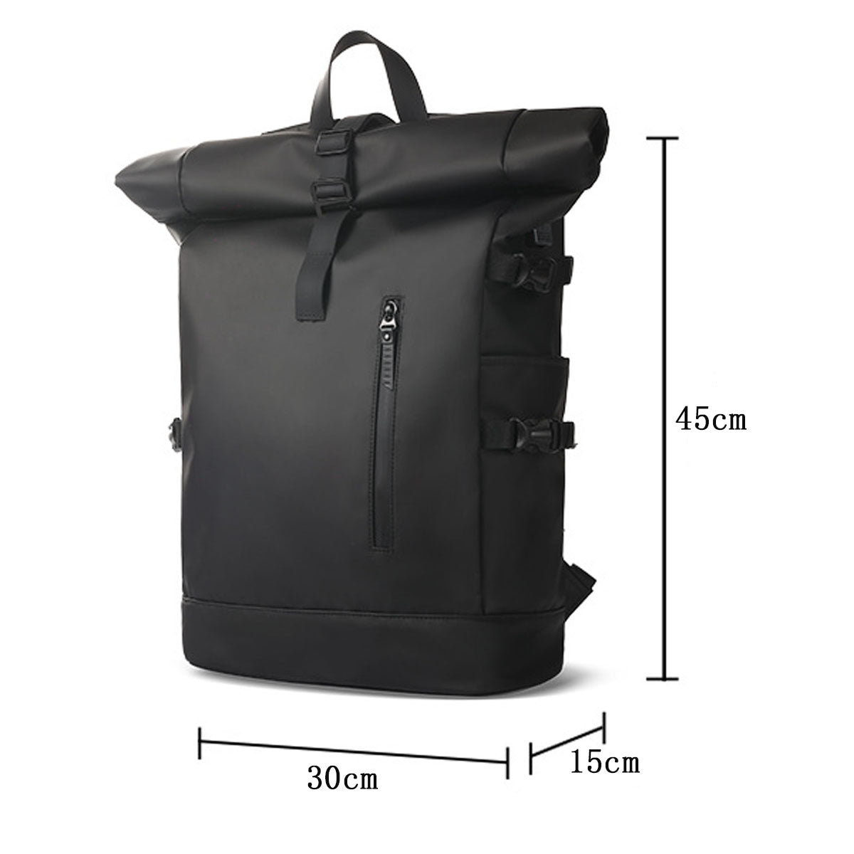 Diagram showing dimensions of the 20L expandable roll-top backpack