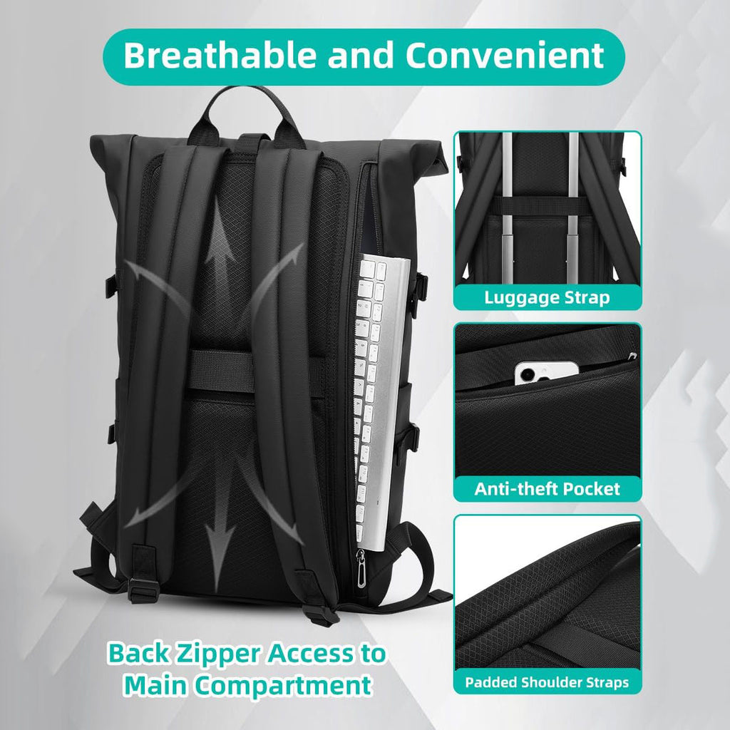 Ergonomic back support and luggage strap on the roll-top travel backpack