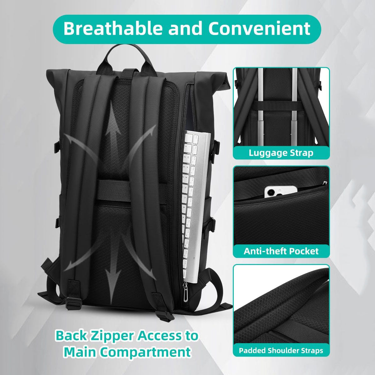 Ergonomic back support and luggage strap on the roll-top travel backpack