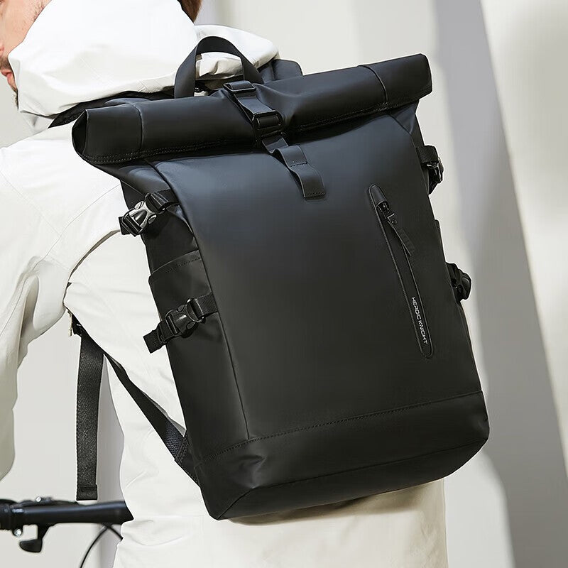 Anti-theft outdoor backpack shown on a model riding a bicycle