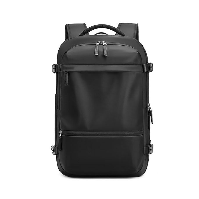 Front view of RolePack 20L Expandable Travel Backpack in black, featuring dual-way zippers and side buckles