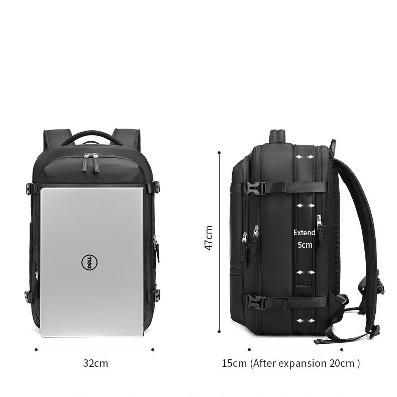 Size chart of RolePack 20L Expandable Travel Backpack showing standard dimensions of 32cm by 15cm by 47cm, expanding up to 20cm in width for a 39L capacity.