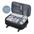 RolePack travel backpack unzipped 180 degrees flat, showing multi-compartment classified storage and mesh pockets packed with clothes