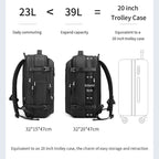 Side view comparison of RolePack backpack expanding from a 23L daily commute capacity to a 39L travel capacity