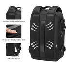 Rear view of RolePack backpack showing the breathable honeycomb sponge back panel and integrated luggage trolley strap