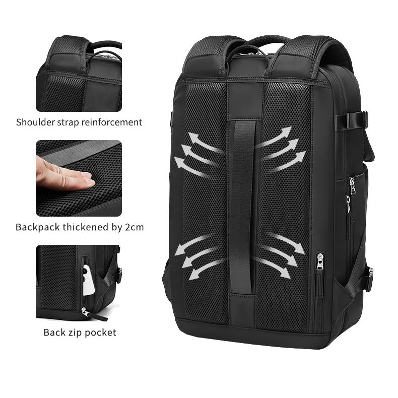 Rear view of RolePack backpack showing the breathable honeycomb sponge back panel and integrated luggage trolley strap