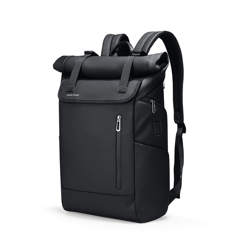 Matte black 20L roll-top commuter backpack with dual magnetic buckles and vertical zippered pocket on a white background.
