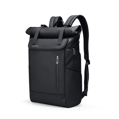 Matte black 20L roll-top commuter backpack with dual magnetic buckles and vertical zippered pocket on a white background.