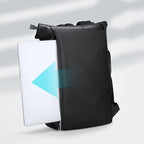 Interior view of expandable 20L-29L tech backpack showing dedicated 17.3-inch laptop compartment and durable YKK zippers.
