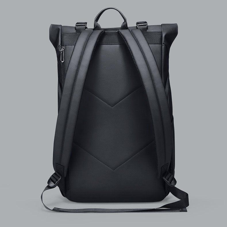 Rear view of the waterproof daily commuting backpack, showing the suspension system and shoulder straps.