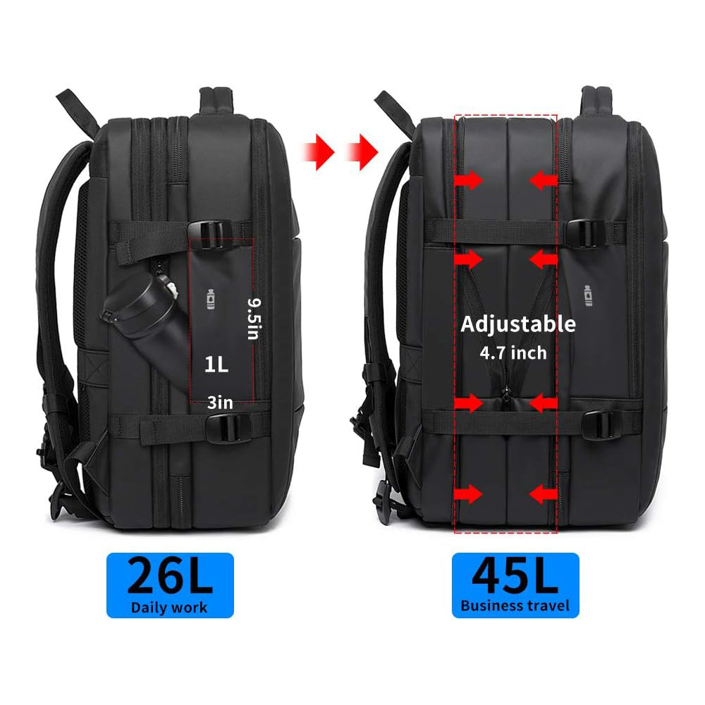 Before-and-after comparison of the 45L expandable travel backpack