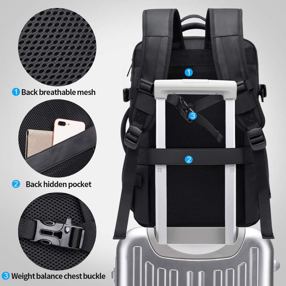 Details of the back of the 45L expandable travel backpack