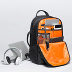 Showcase of the storage compartments in the side-carry business travel laptop backpack.