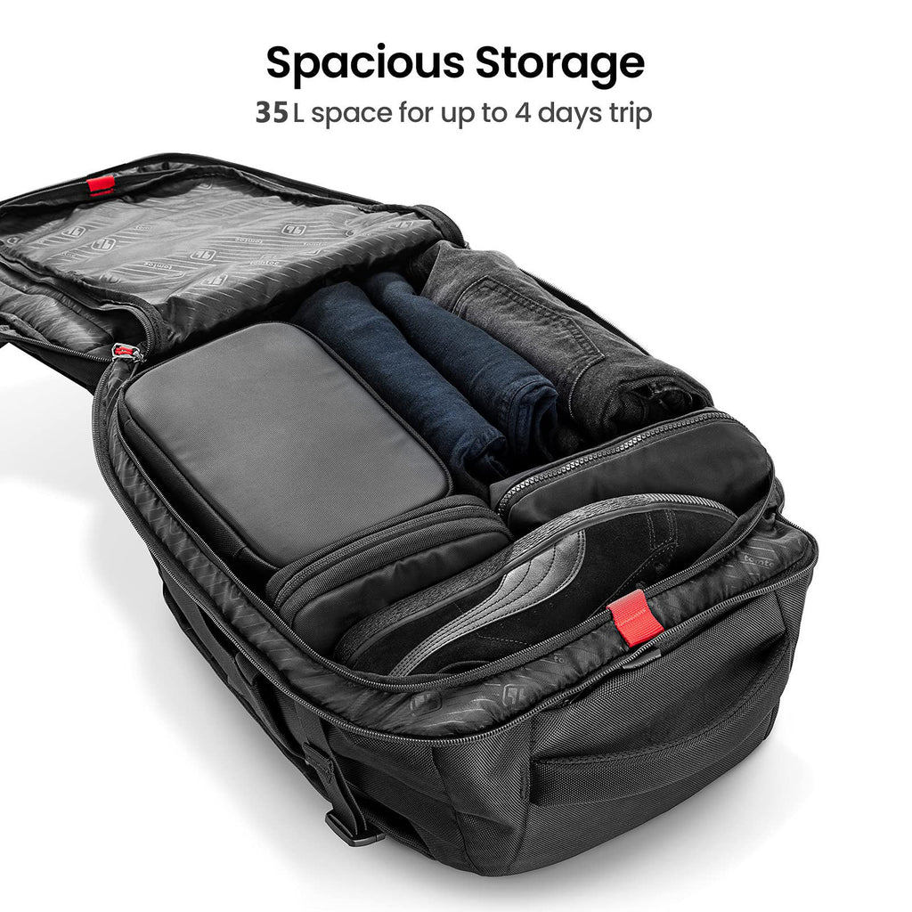 Close-up of the top handle and front zipped pockets on the grey men's business backpack.