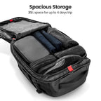 Close-up of the top handle and front zipped pockets on the grey men's business backpack.