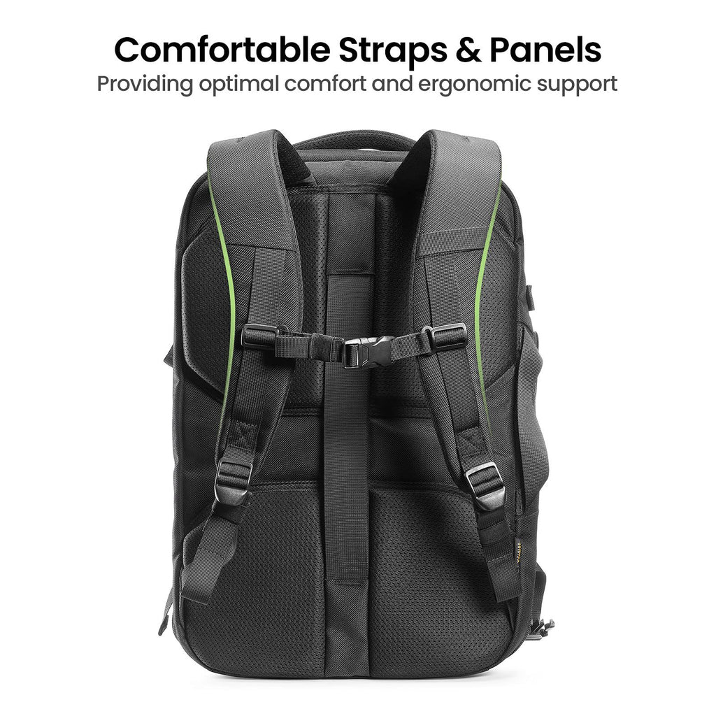 Rear view of the 35L travel backpack showing ergonomic shoulder straps, chest strap, and padded back panel.