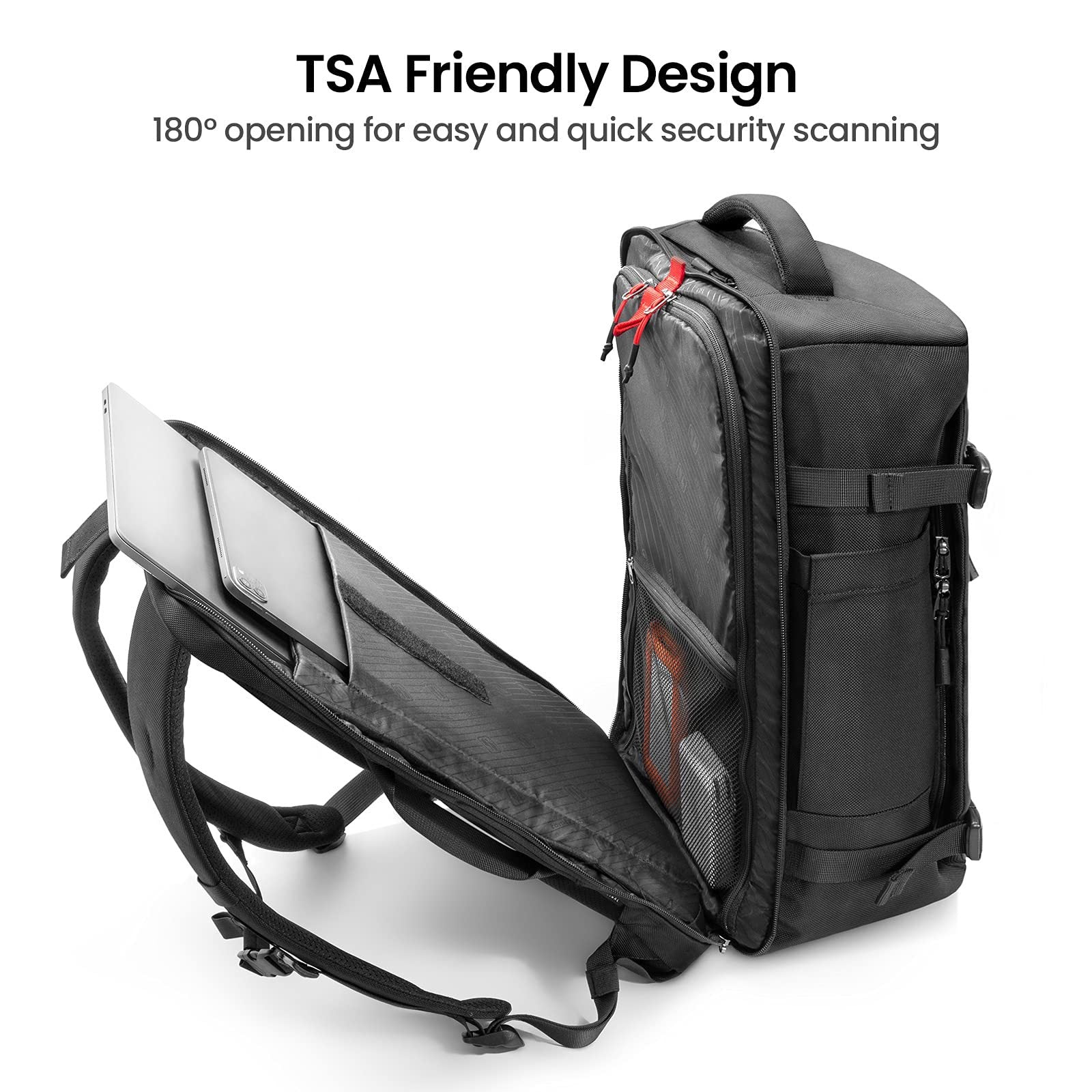 Dedicated padded tech compartment showing a 17-inch laptop and a tablet, demonstrating TSA-friendly lay-flat design.