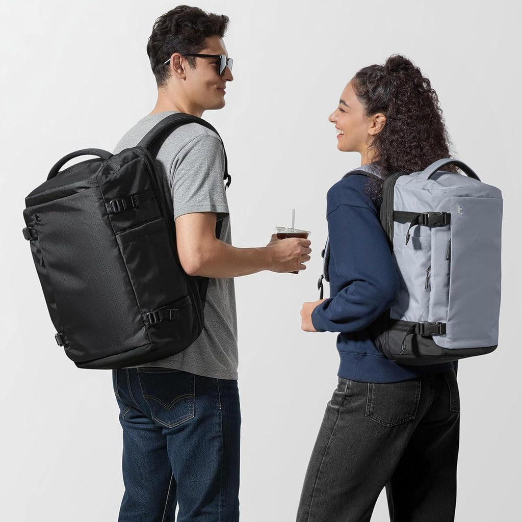 Photos showing the fit of a 40L men's backpack on a model.