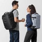 Photos showing the fit of a 40L men's backpack on a model.