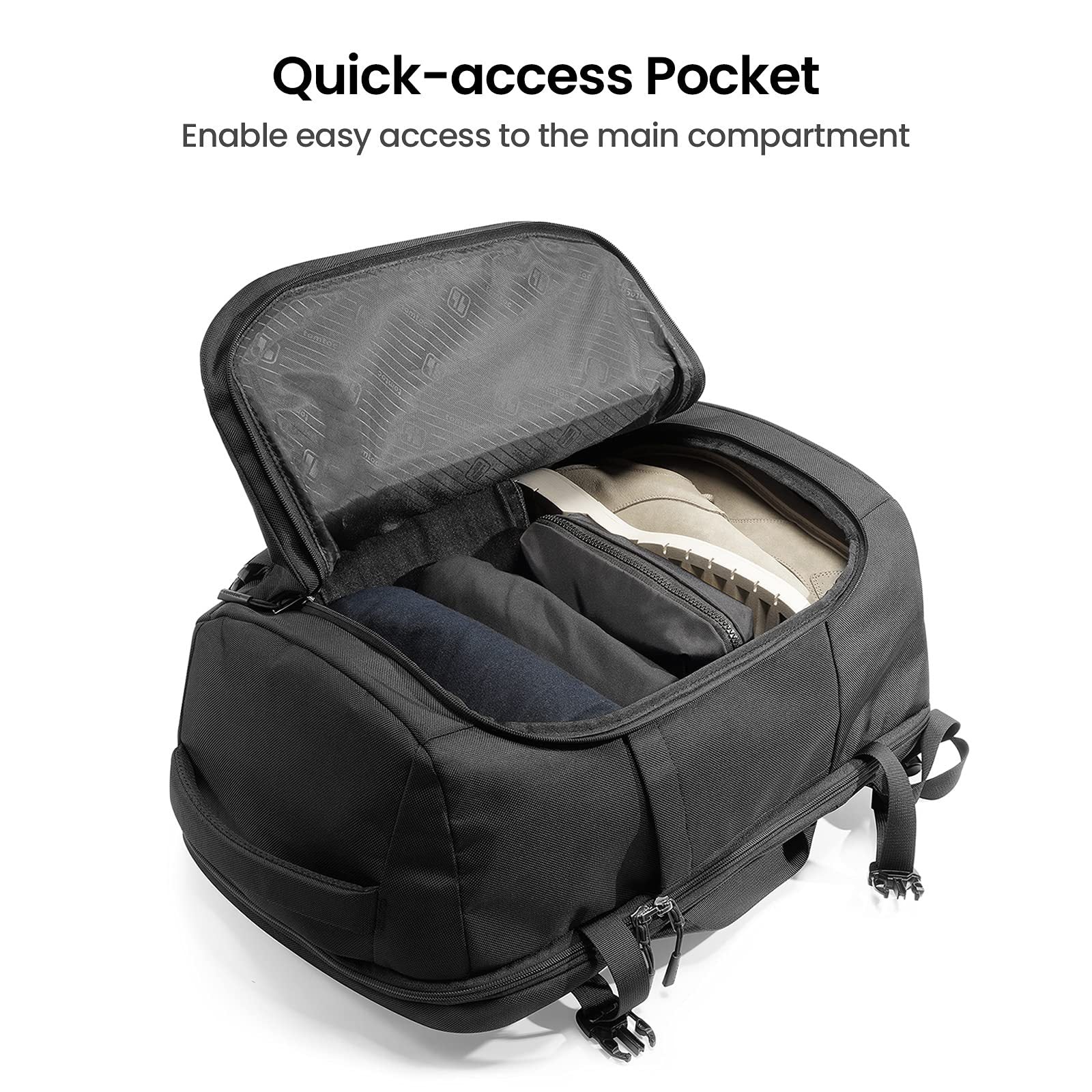 Illustration of quick-access features on a 40L men's backpack.