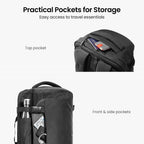 Display of practical pockets on a 40L men's backpack