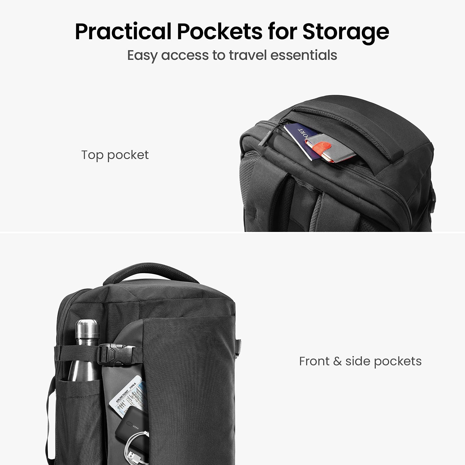 Display of practical pockets on a 40L men's backpack