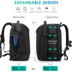 Before-and-after comparison of the 50L expandable airline carry-on backpack's expanded capacity.