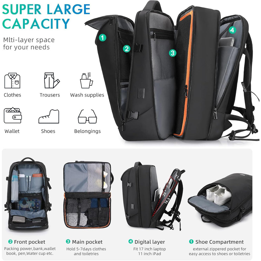 Display of the 50L Expandable Aviation Carry-On Backpack's Compartmentalized Layout