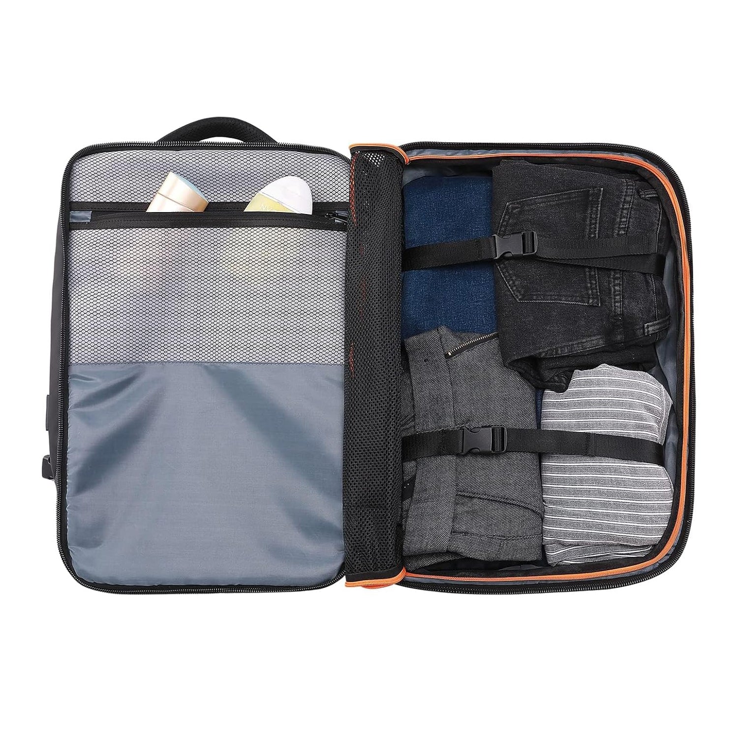 Showcase of the main compartment of the 50L expandable airline carry-on backpack.