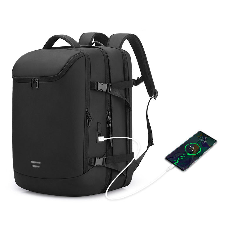 Demonstration of charging the 50L expandable aviation carry-on backpack