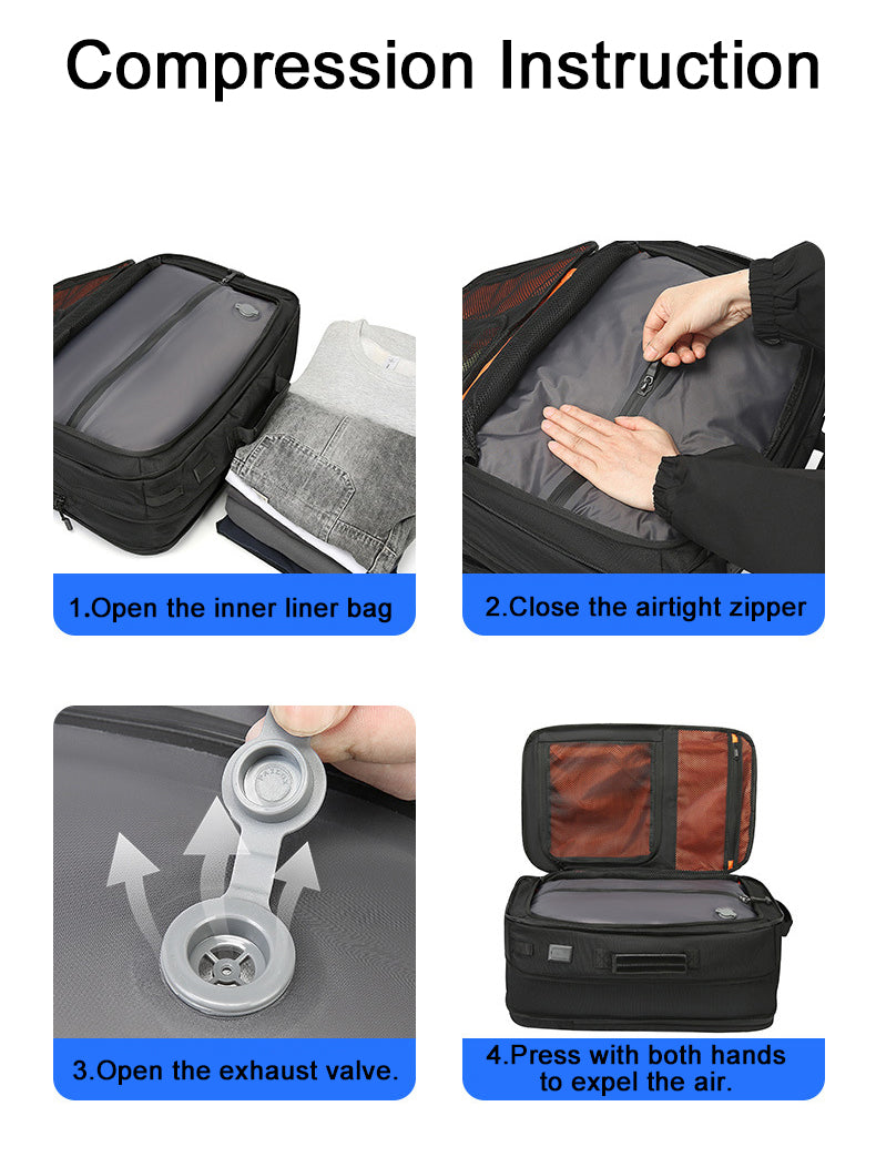 Instruction for compressing the expandable 45L vacuum-compression backpack.