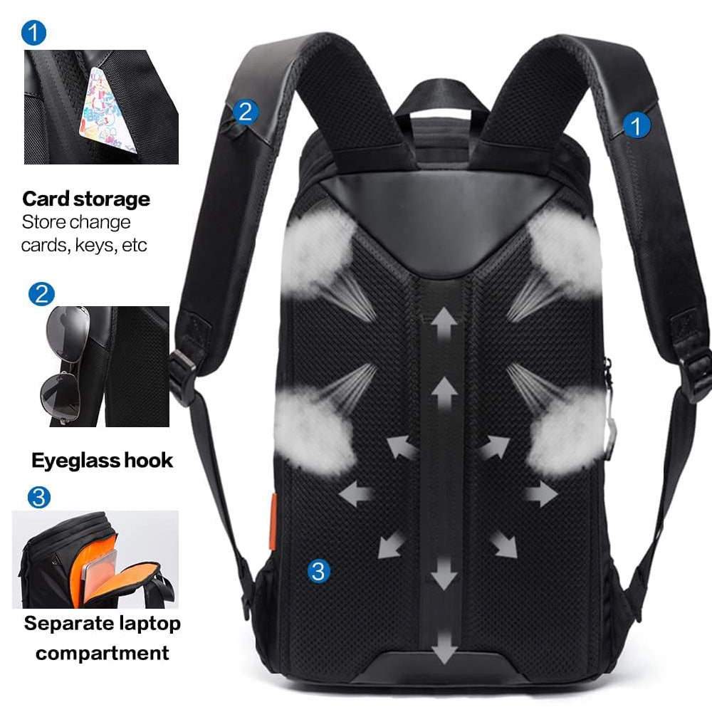 Close-up view of the back of the 30L waterproof daypack/weekend travel backpack.