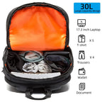 Storage demonstration of the 30L waterproof daypack/weekend travel backpack.