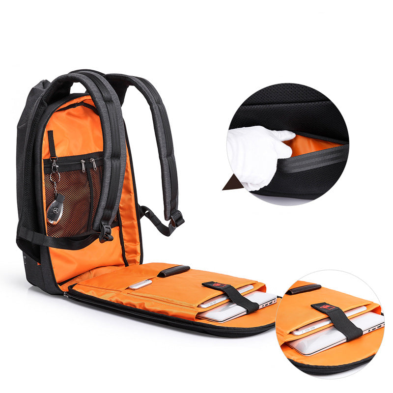 Expanded view of the dedicated laptop compartment in a laptop backpack.