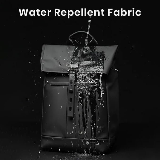 Waterproofing demonstration image of a 20–30L roll-top everyday backpack.