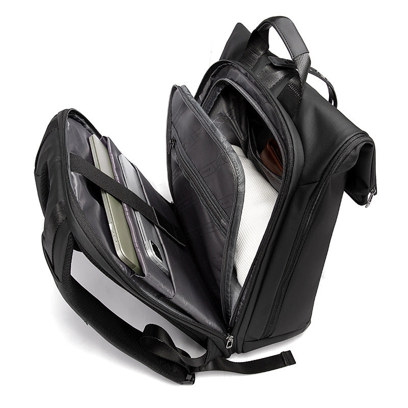 Compartment breakdown of the 20–30L roll-top everyday backpack