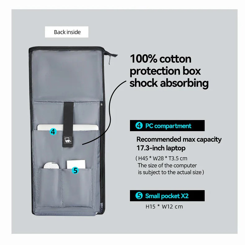 Specifications for the rear pocket of the 20L Roll-Up Ride Backpack
