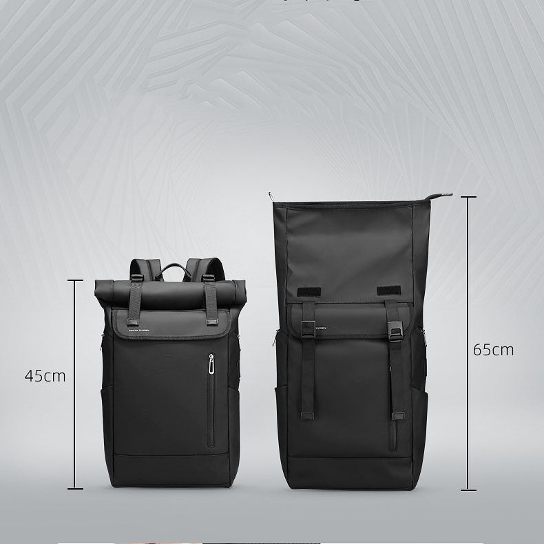 Comparison of the roll-top backpack expanding from 20L everyday carry to 29L travel bag.