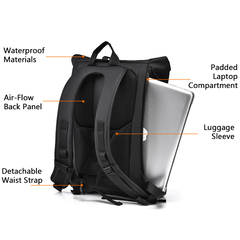 Side view of the roll-top backpack showing the dedicated quick-access padded compartment for a 16-inch laptop.