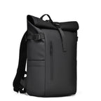 A sleek black 20L waterproof roll-top backpack standing upright, featuring a vertical front zipper pocket, side water bottle pocket, and a secure top strap closure.