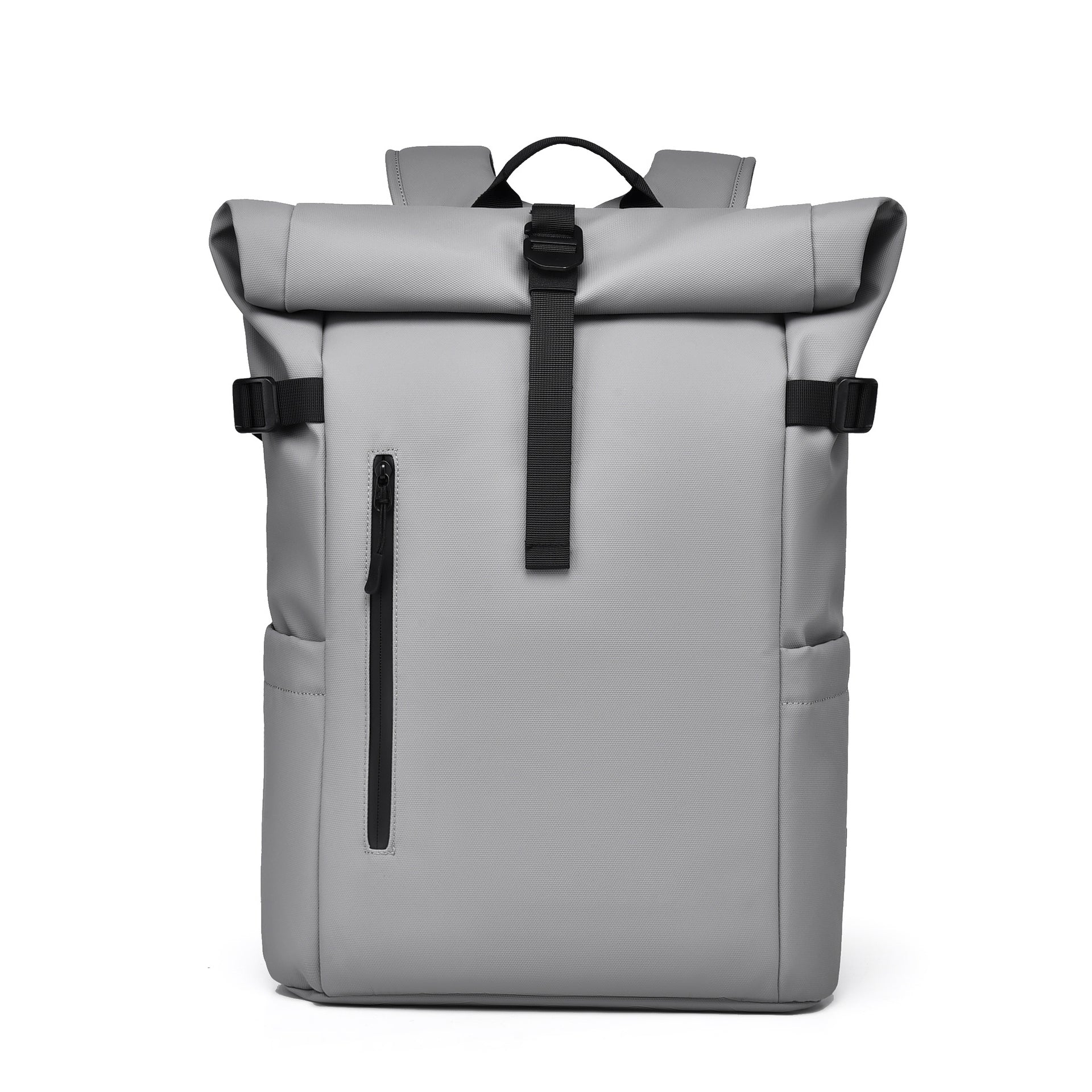 A minimalist slate grey 20L waterproof roll-top backpack for daily transit and travel.