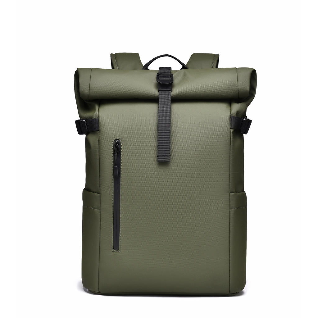 An olive green 20L commuter roll-top backpack made from durable weatherproof fabric.