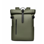 An olive green 20L commuter roll-top backpack made from durable weatherproof fabric.