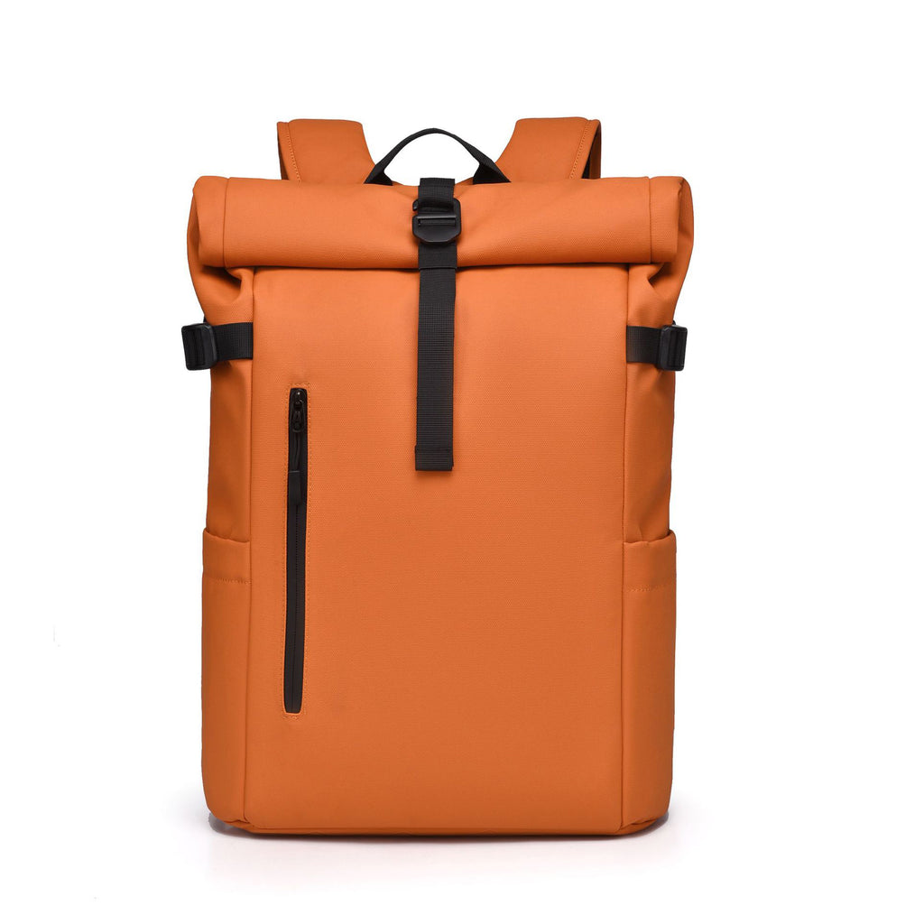 An orange 20L waterproof roll-top backpack in a modern minimalist design, showing the front and side view.