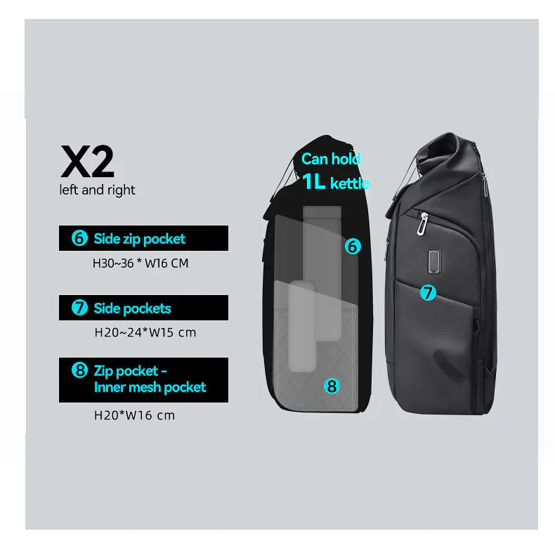 Specifications for the side pockets of the 20L Roll-Up Ride Backpack
