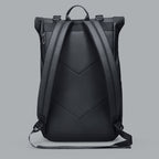 Rear view of the waterproof daily commuting backpack, showing the suspension system and shoulder straps.